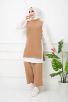 Tesettür giyim KAHVE YANLARI YIRTMAÇ DETAYLI İKİLİ PANT. TAKIM 2065 