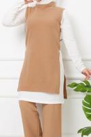 Tesettür giyim KAHVE YANLARI YIRTMAÇ DETAYLI İKİLİ PANT. TAKIM 2065 