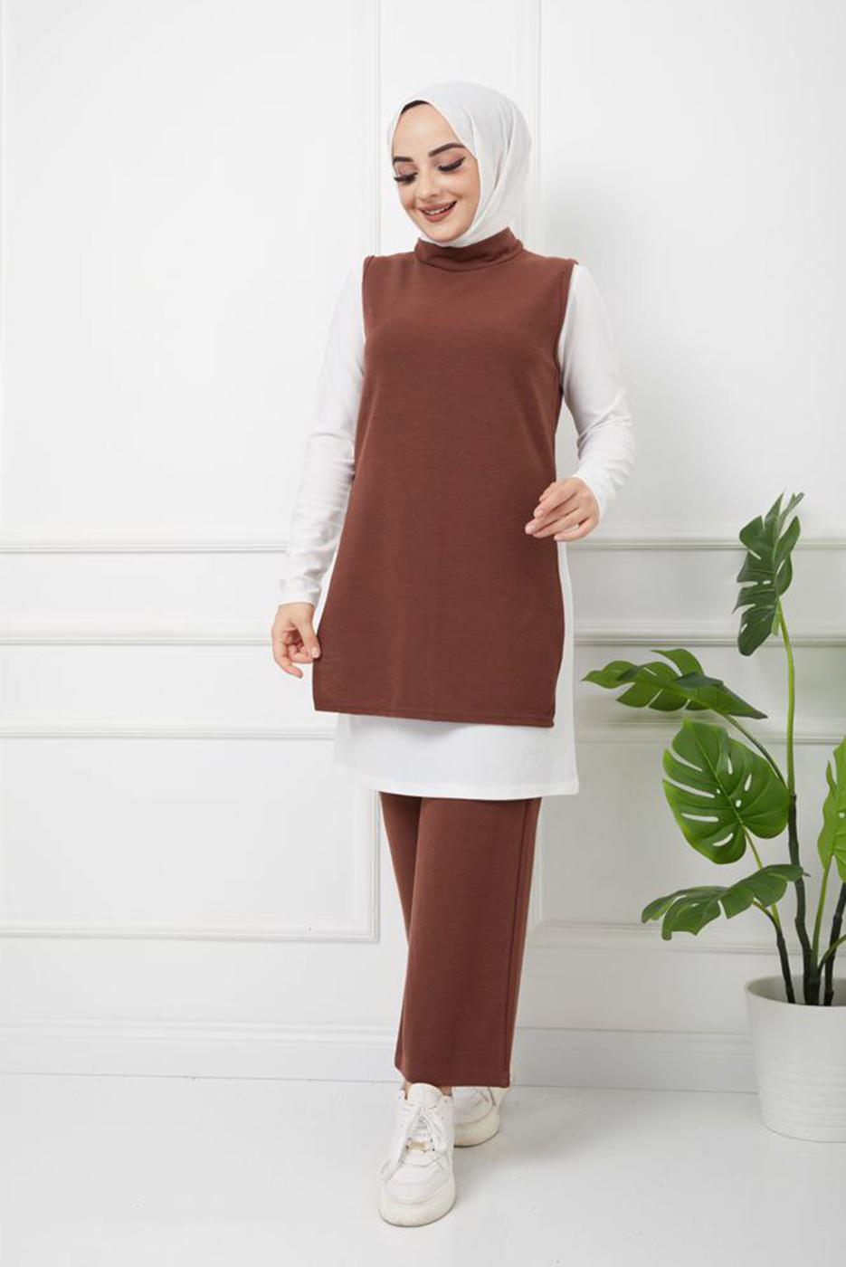 Tesettür giyim TABA YANLARI YIRTMAÇ DETAYLI İKİLİ PANT. TAKIM 2065 