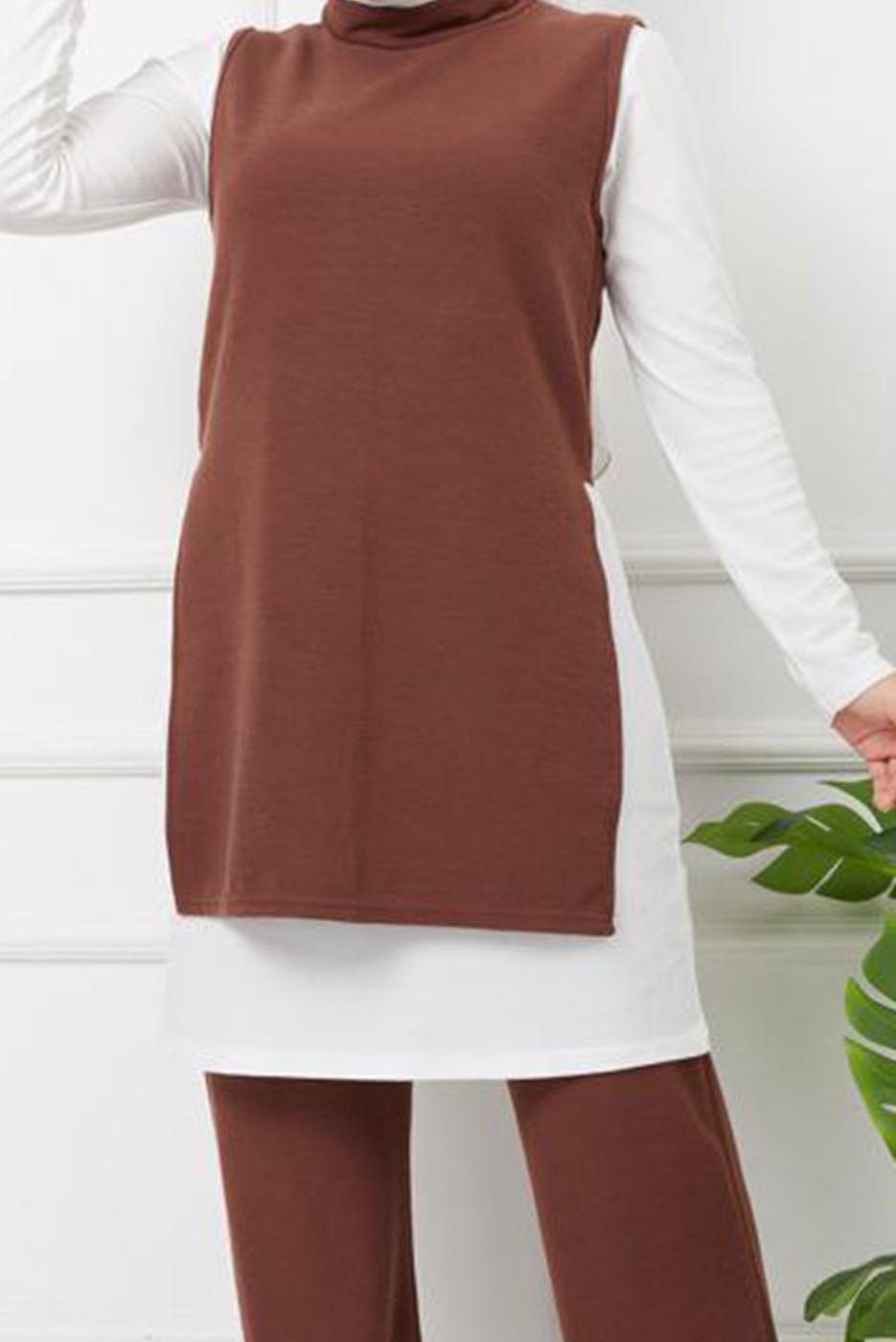 Tesettür giyim TABA YANLARI YIRTMAÇ DETAYLI İKİLİ PANT. TAKIM 2065 