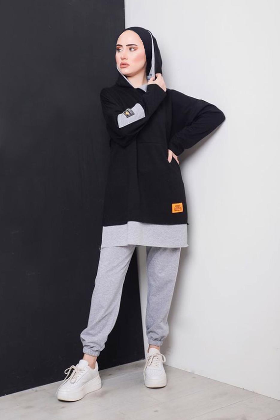 Tesettür giyim SİYAH YAZI DETAYLI İKİ RENKLİ İKİLİ PANT. TAKIM 2586 