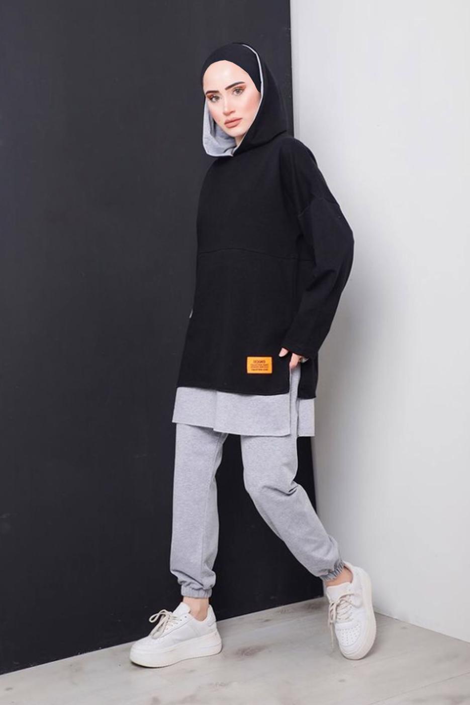 Tesettür giyim SİYAH YAZI DETAYLI İKİ RENKLİ İKİLİ PANT. TAKIM 2586 