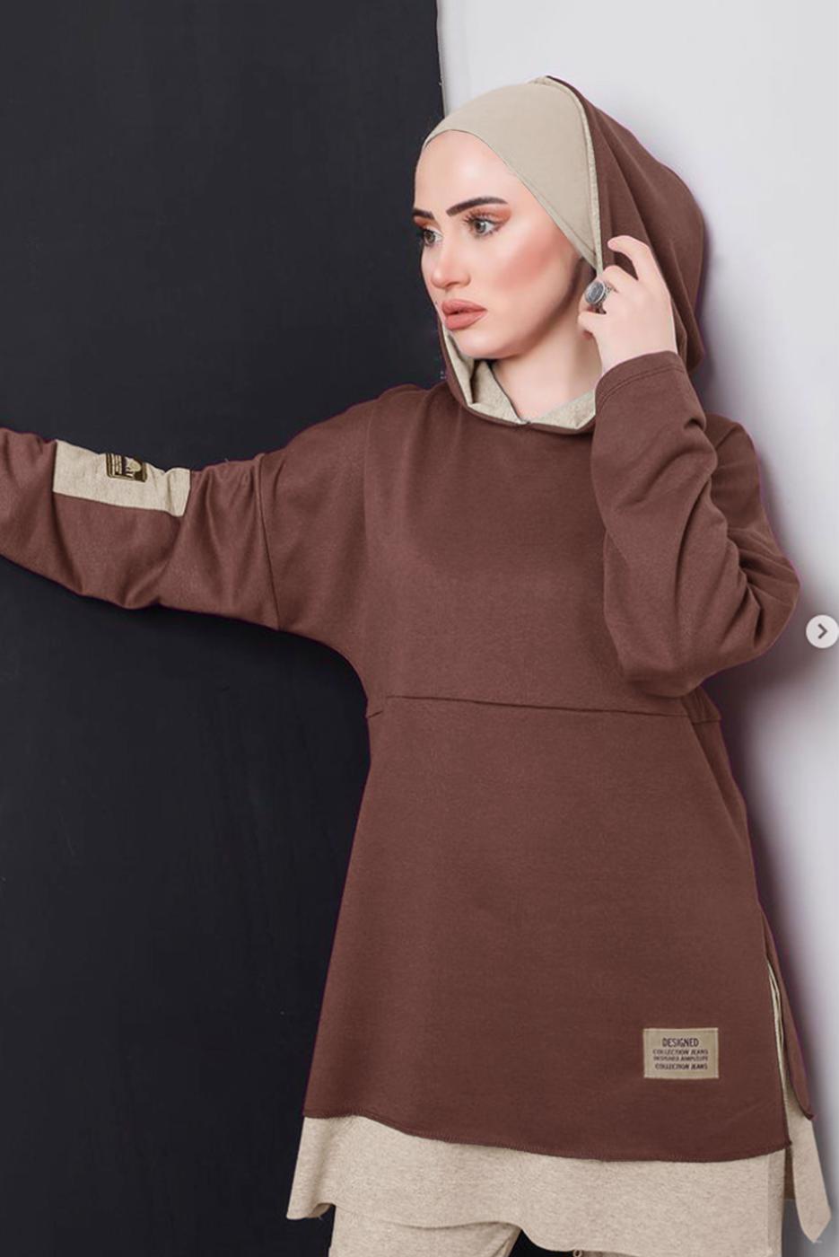 Tesettür giyim KAHVE YAZI DETAYLI İKİ RENKLİ İKİLİ PANT. TAKIM 2586 