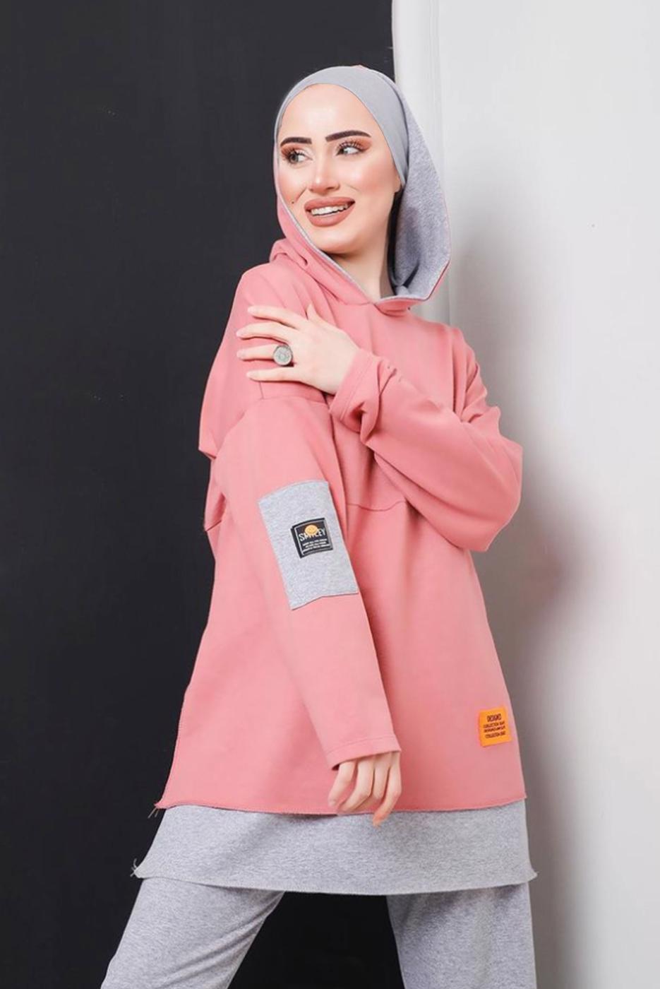 Tesettür giyim PUDRA YAZI DETAYLI İKİ RENKLİ İKİLİ PANT. TAKIM 2586 