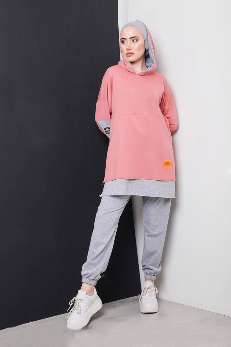 Tesettür giyim PUDRA YAZI DETAYLI İKİ RENKLİ İKİLİ PANT. TAKIM 2586 