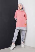 Tesettür giyim PUDRA YAZI DETAYLI İKİ RENKLİ İKİLİ PANT. TAKIM 2586 