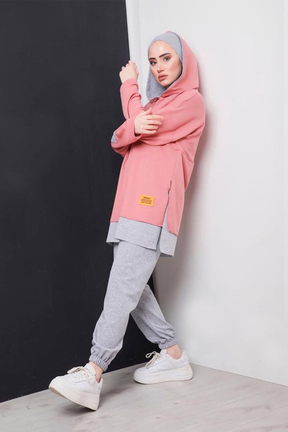 Tesettür giyim PUDRA YAZI DETAYLI İKİ RENKLİ İKİLİ PANT. TAKIM 2586 