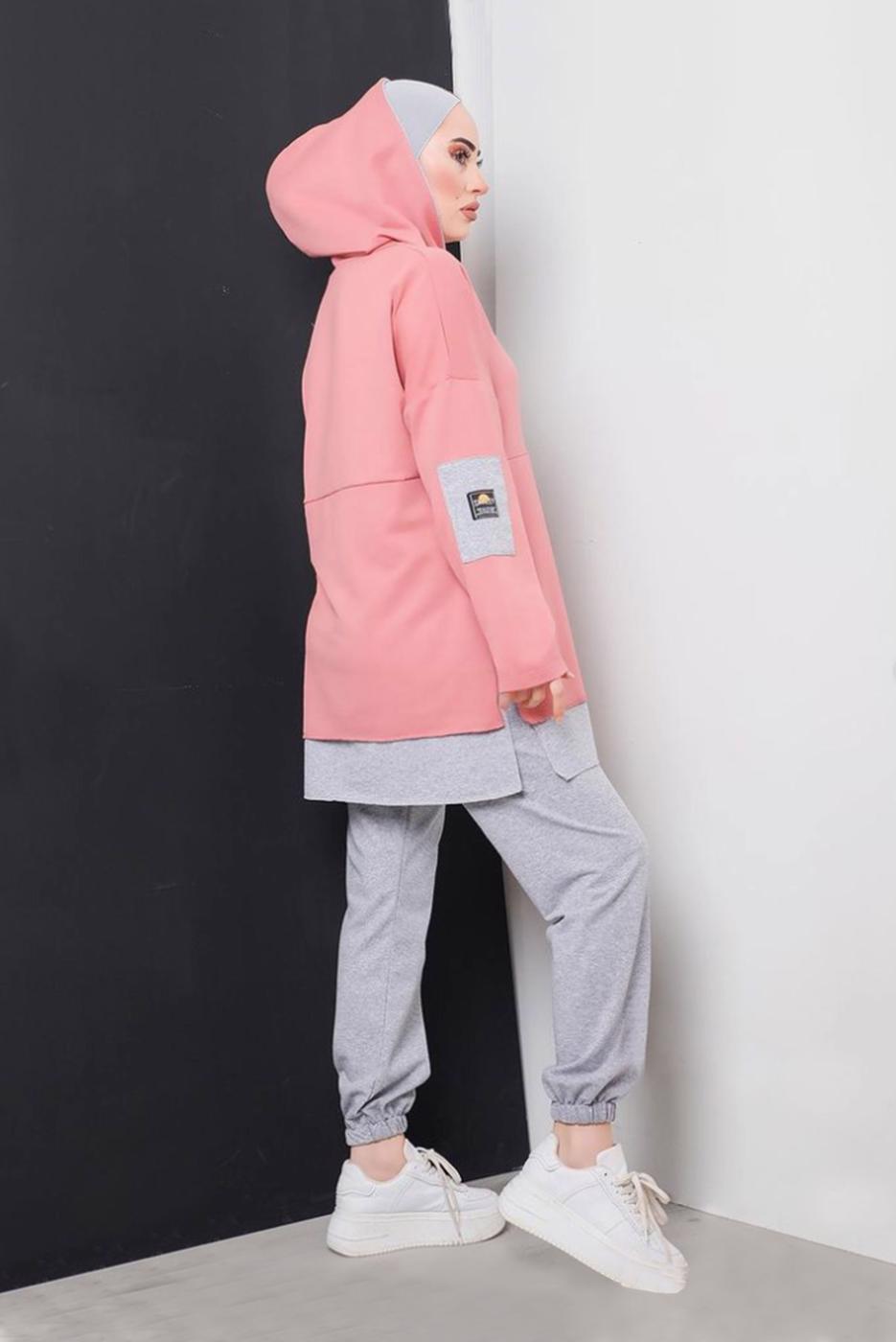 Tesettür giyim PUDRA YAZI DETAYLI İKİ RENKLİ İKİLİ PANT. TAKIM 2586 