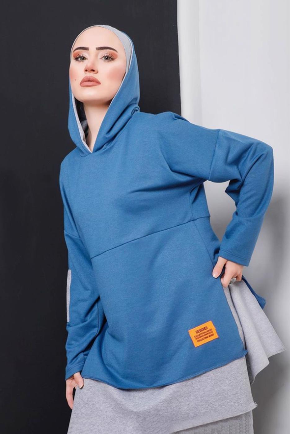 Tesettür giyim LACİVERT YAZI DETAYLI İKİ RENKLİ İKİLİ PANT. TAKIM 2586 