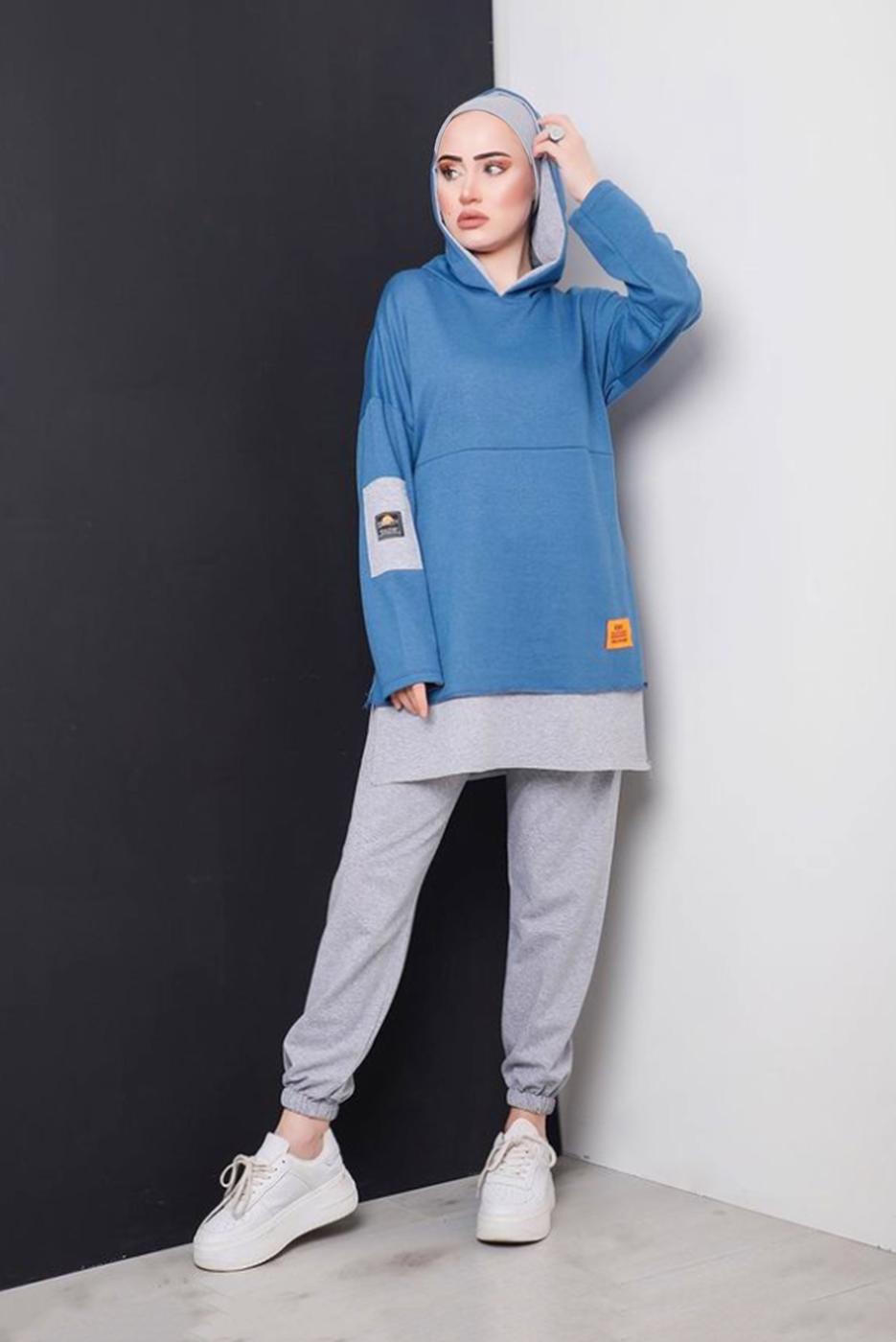 Tesettür giyim LACİVERT YAZI DETAYLI İKİ RENKLİ İKİLİ PANT. TAKIM 2586 