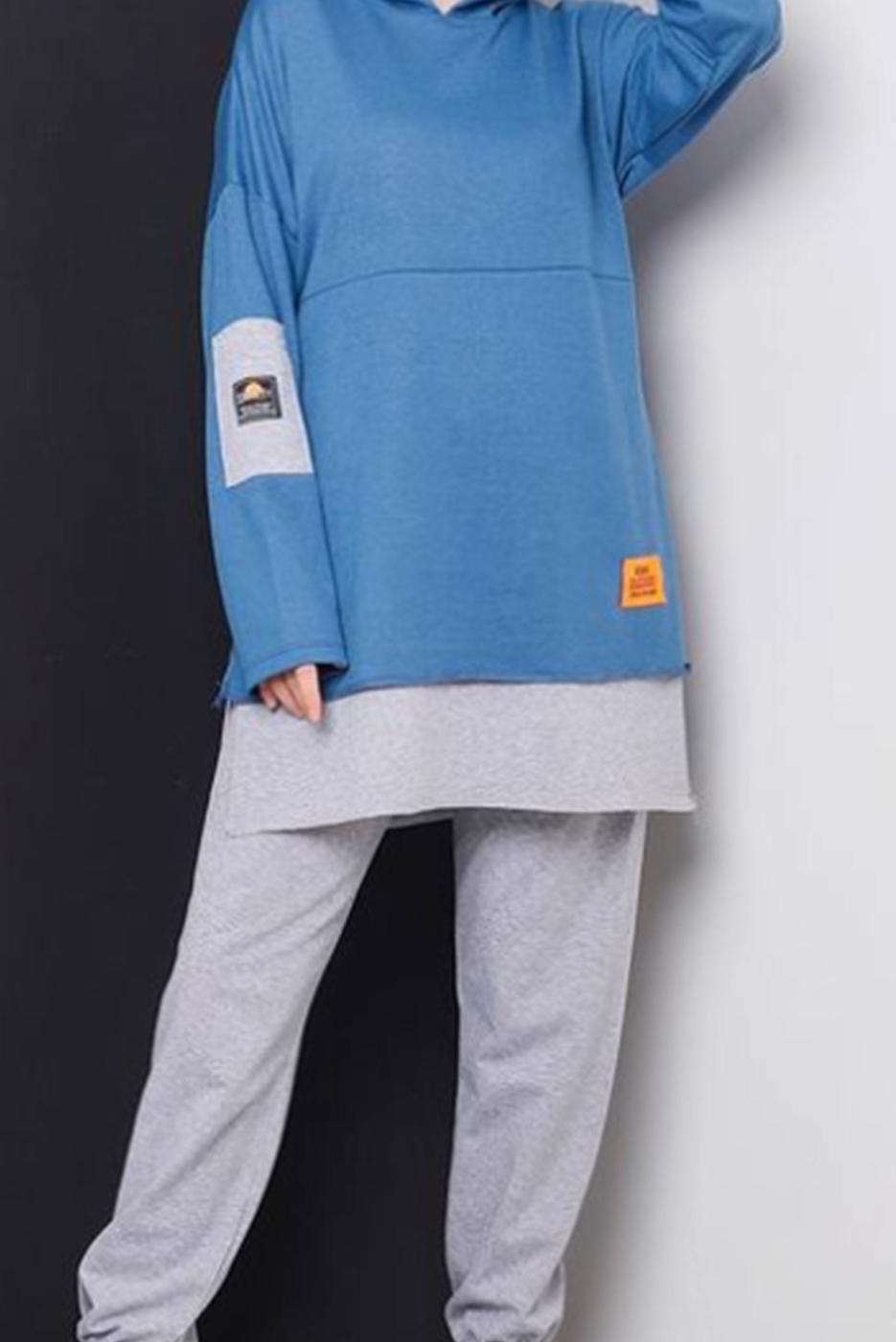 Tesettür giyim LACİVERT YAZI DETAYLI İKİ RENKLİ İKİLİ PANT. TAKIM 2586 