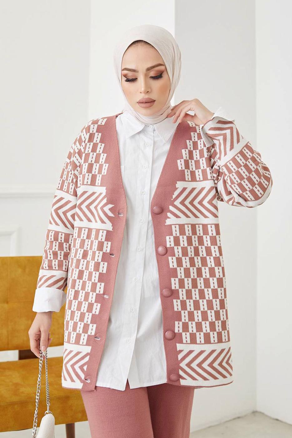 Vêtements hijab POUDRE COSTUME PANTALON EN MAILLE 2 PIÈCES À MOTIFS 3002