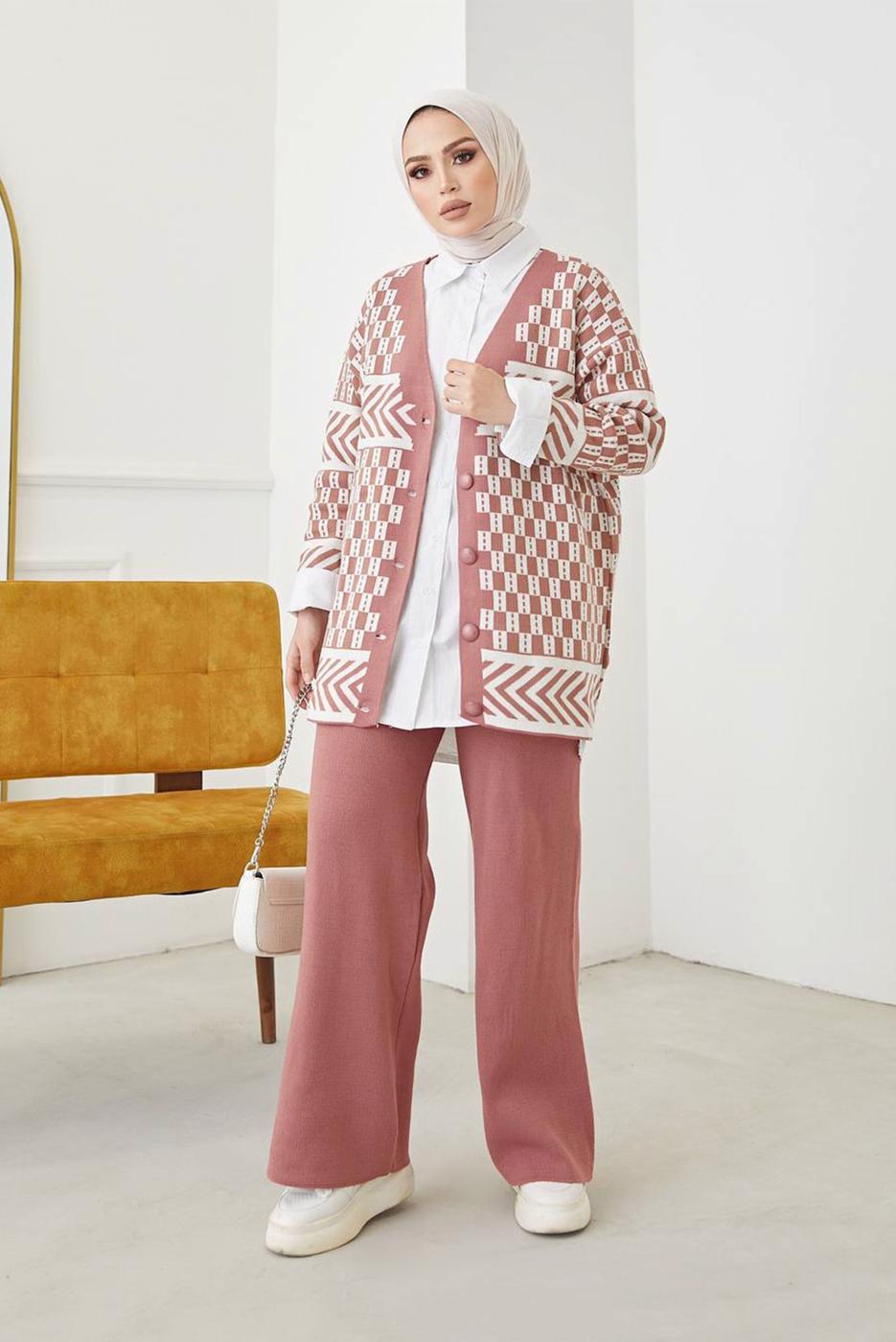 Vêtements hijab POUDRE COSTUME PANTALON EN MAILLE 2 PIÈCES À MOTIFS 3002