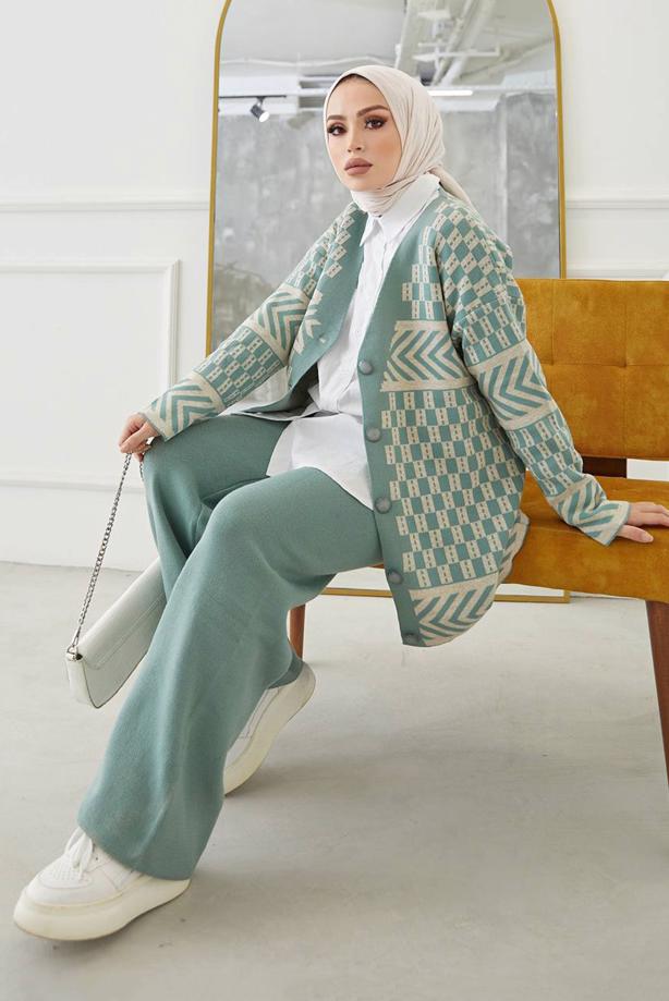 Hijab clothing  PATTERNED 2-PIECE KNITWEAR PANTS SUIT 3002  - TRENDTESETTÜR