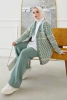 Hijab clothing GREEN PATTERNED 2-PIECE KNITWEAR PANTS SUIT 3002 