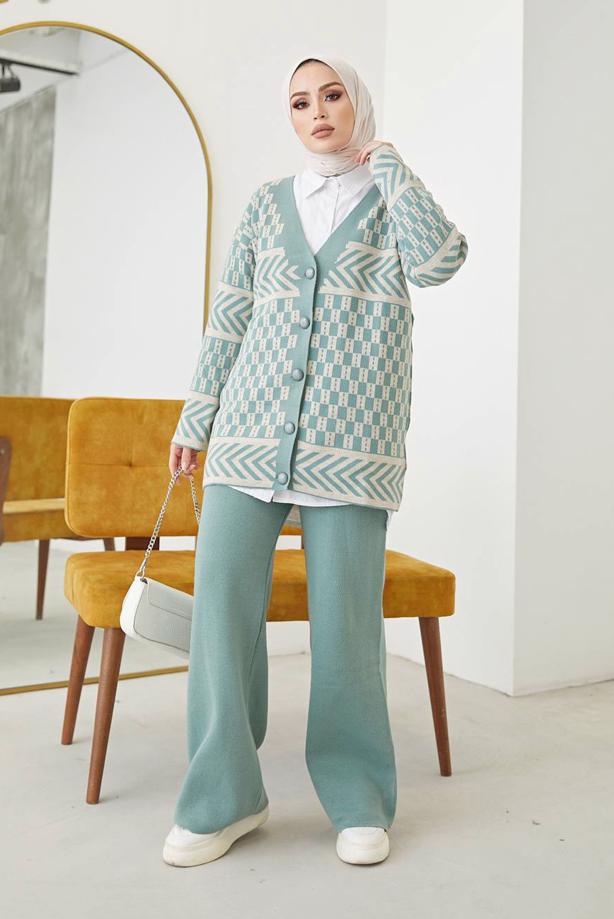 Hijab clothing  PATTERNED 2-PIECE KNITWEAR PANTS SUIT 3002  - TRENDTESETTÜR