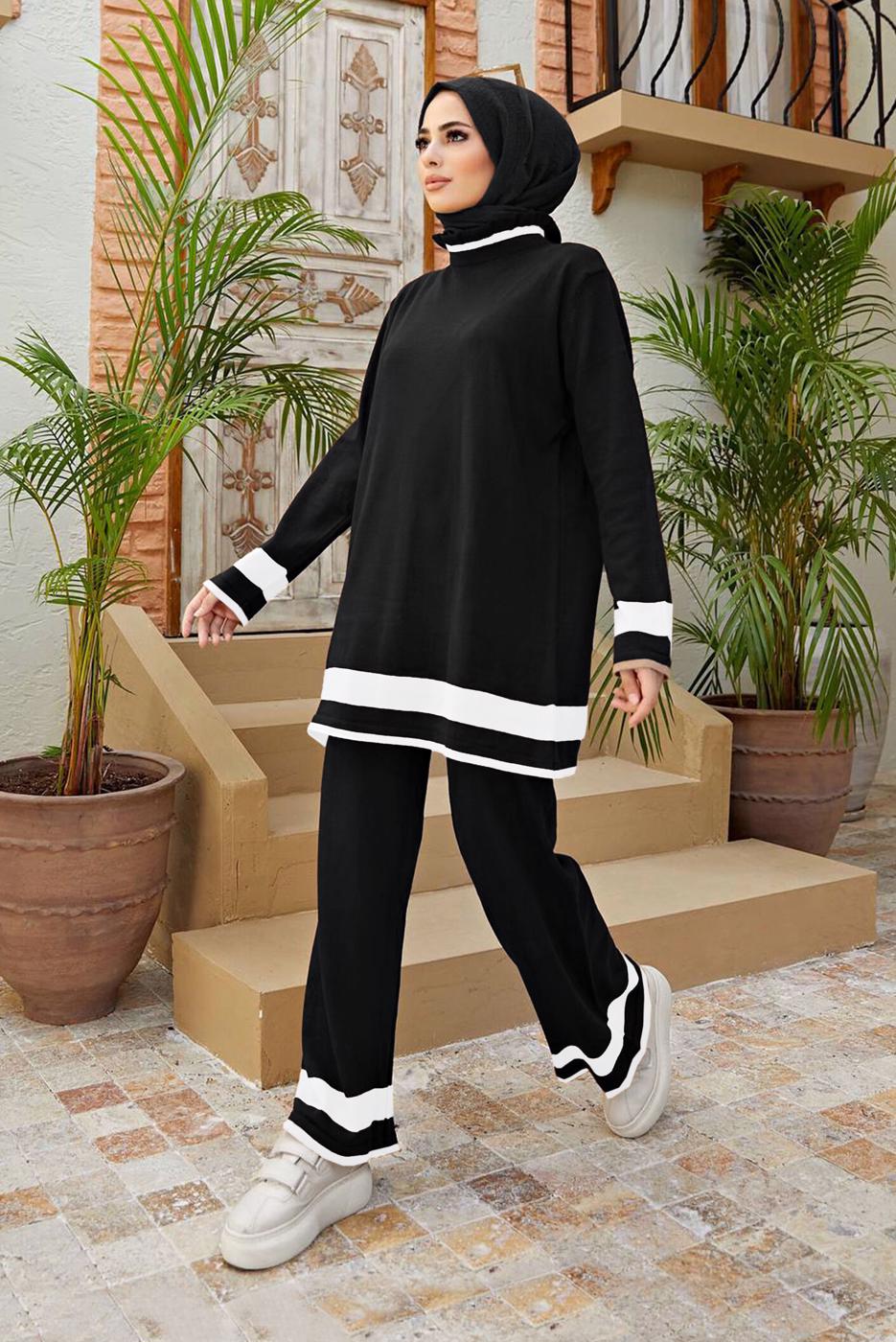 Vêtements hijab NOIR COSTUME 2 PIÈCES AVEC PANTALON À RAYURES T 3104