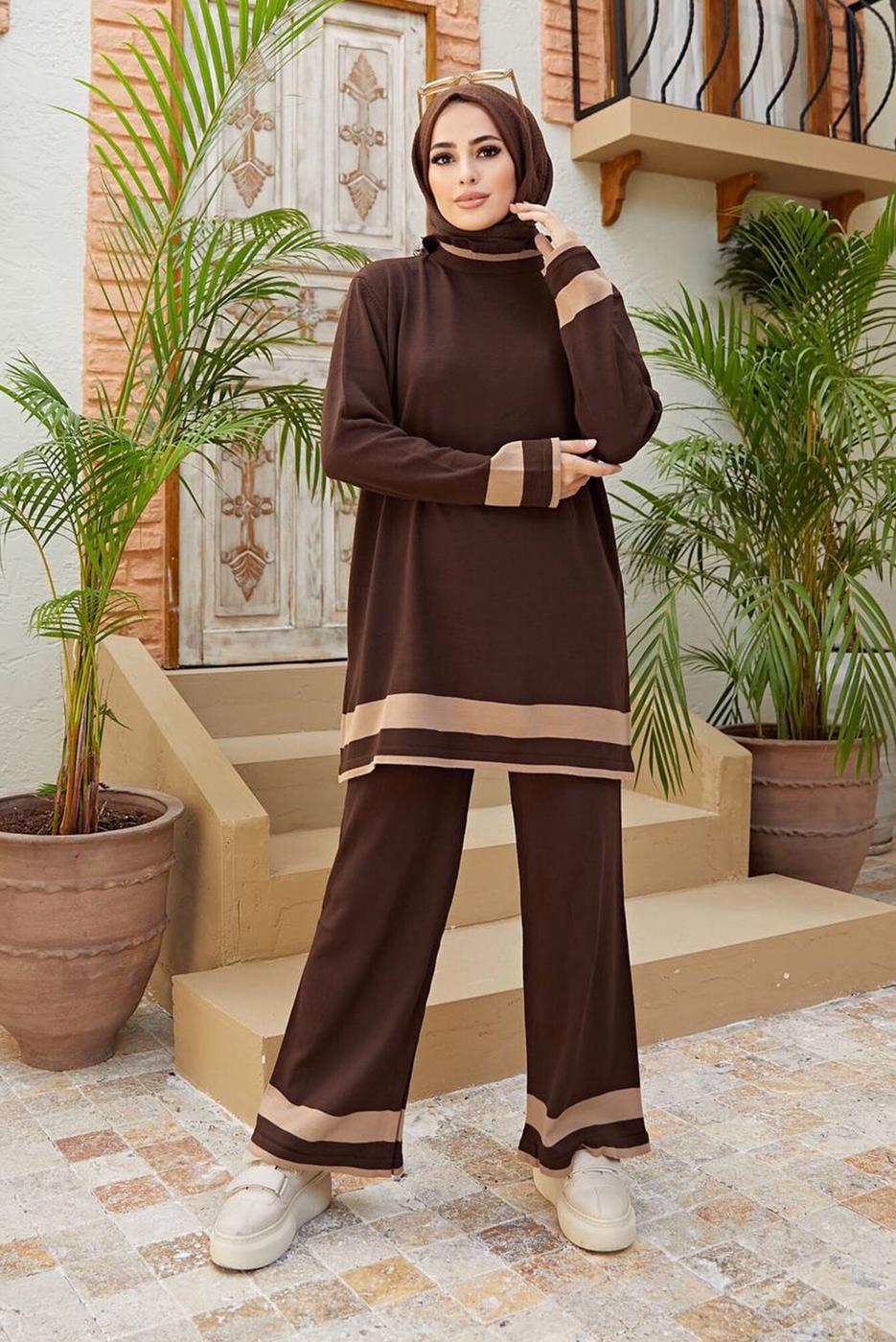 Vêtements hijab BRUN COSTUME 2 PIÈCES AVEC PANTALON À RAYURES T 3104