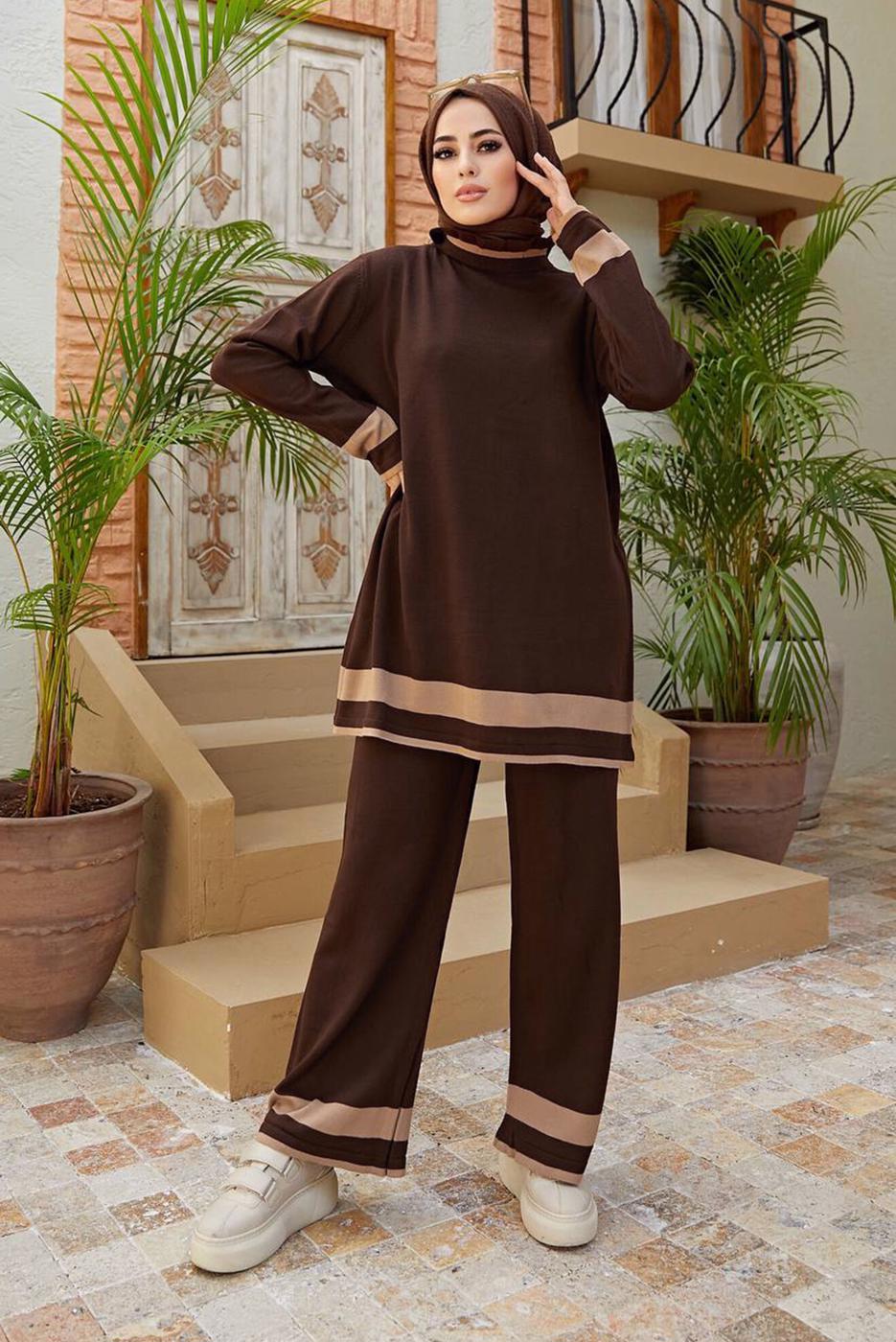 Vêtements hijab BRUN COSTUME 2 PIÈCES AVEC PANTALON À RAYURES T 3104