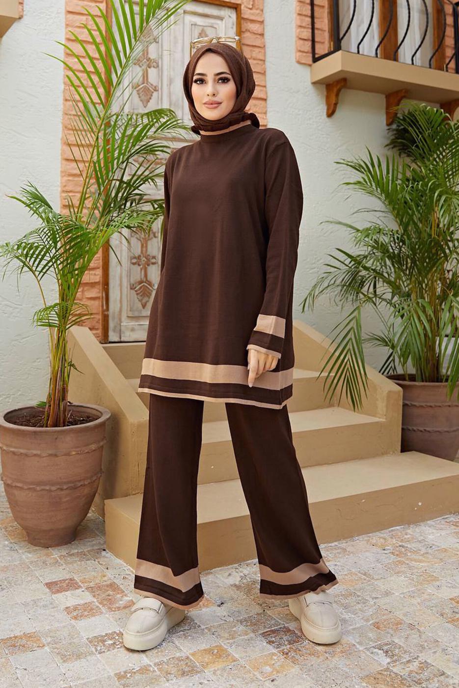 Vêtements hijab BRUN COSTUME 2 PIÈCES AVEC PANTALON À RAYURES T 3104