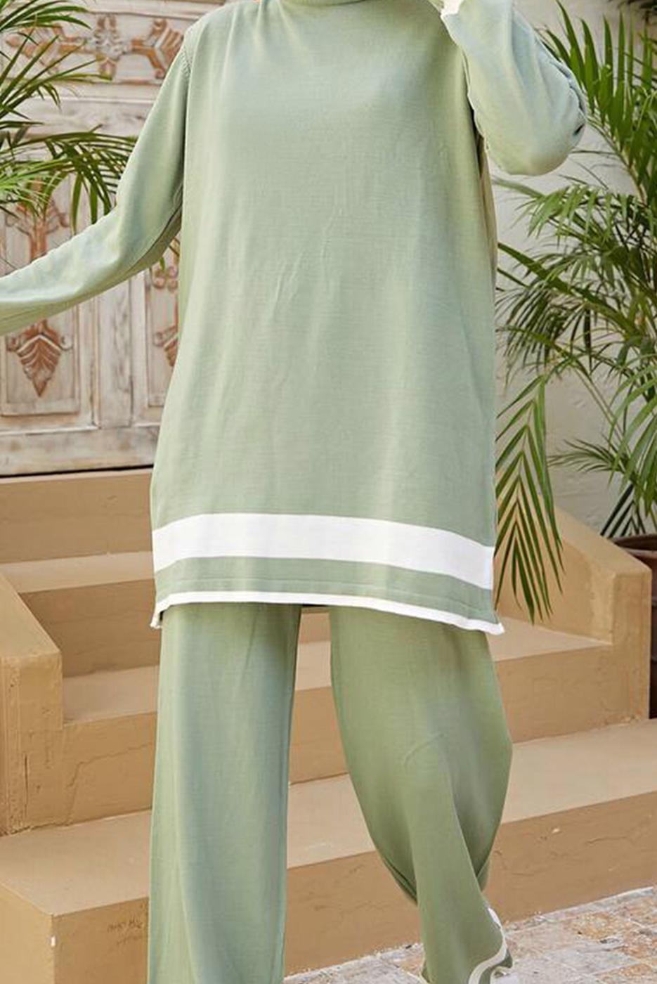 Tesettür giyim YEŞİL ŞERİT DETAYLI İKİLİ PANT. TAKIM T 3104 