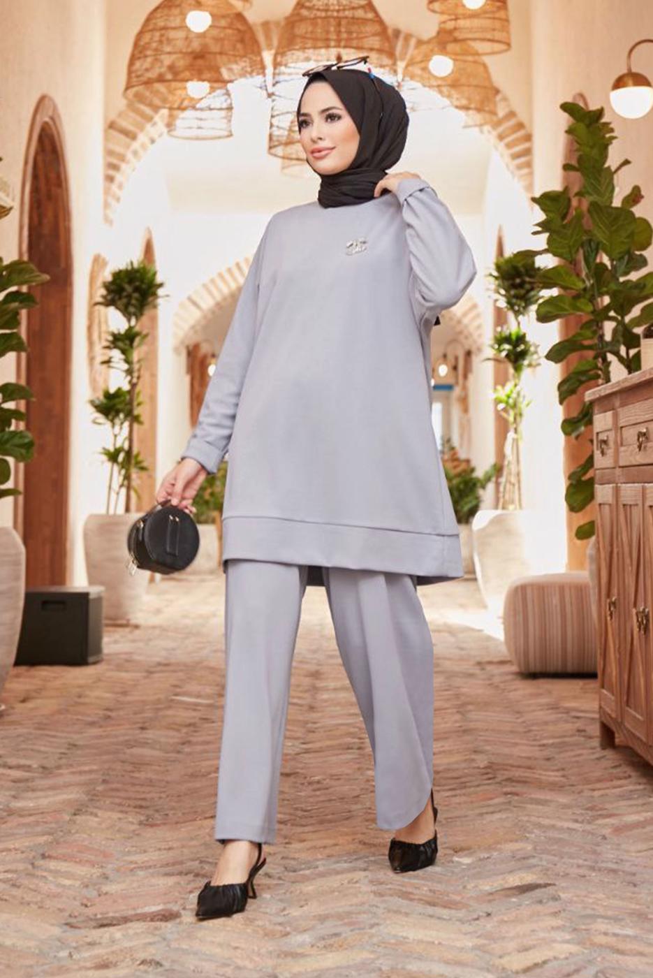 Hijab clothing GREY BASIC 2-PIECE PANTS SUIT 3503 