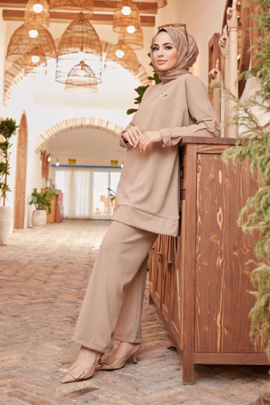 Hijab clothing BROWN BASIC 2-PIECE PANTS SUIT 3503 