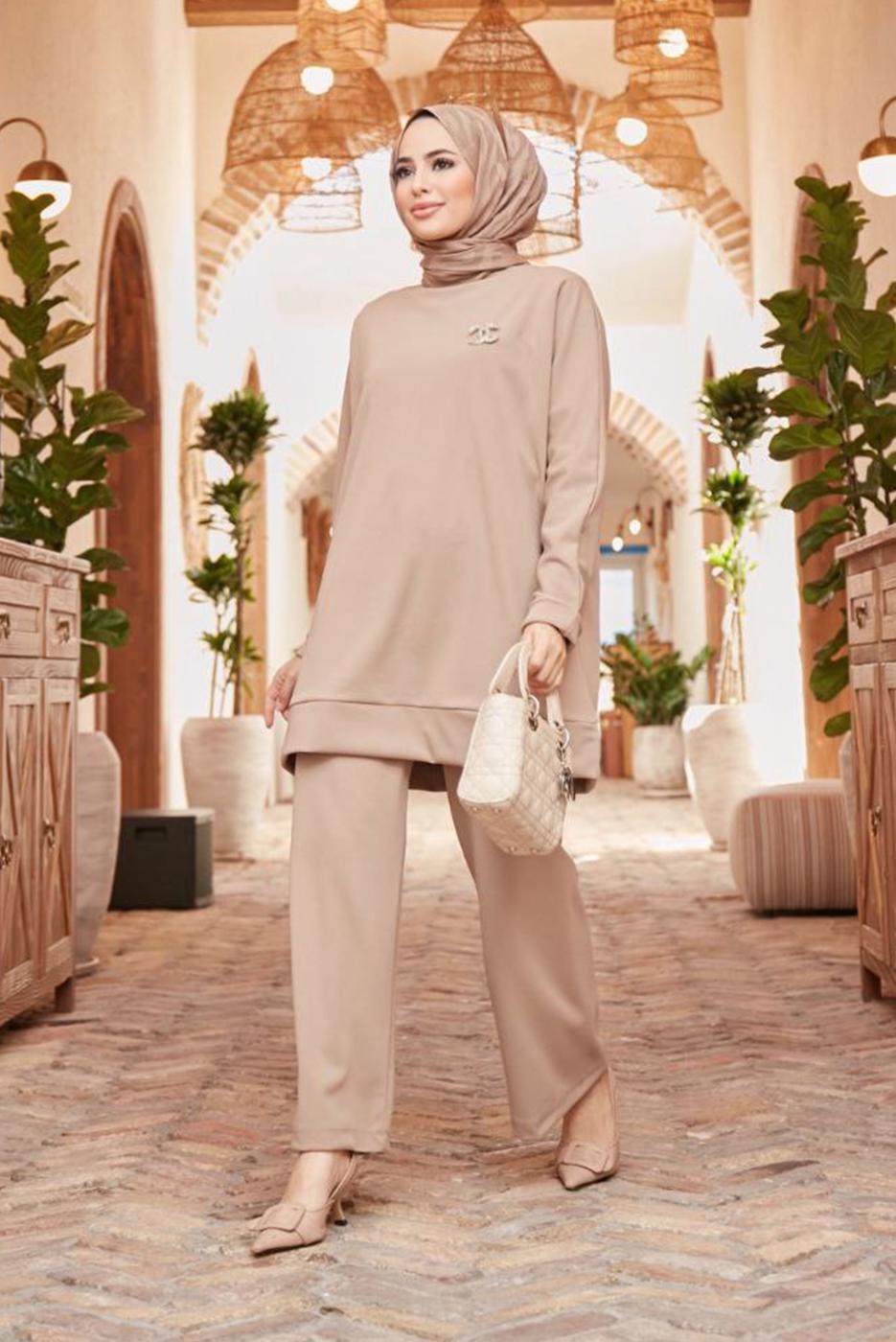 Hijab clothing BROWN BASIC 2-PIECE PANTS SUIT 3503 