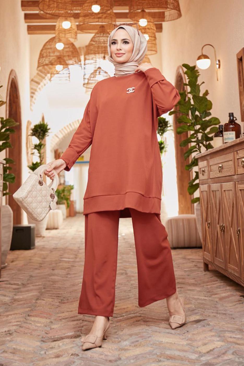 Hijab clothing BROWN BASIC 2-PIECE PANTS SUIT 3503 