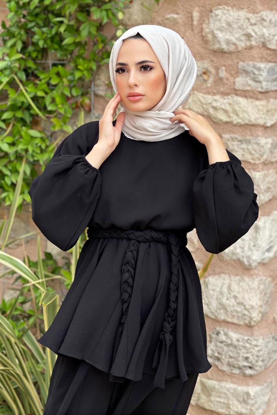 Tesettür giyim SİYAH KUŞAKLI İKİLİ PANT. TAKIM 4020 