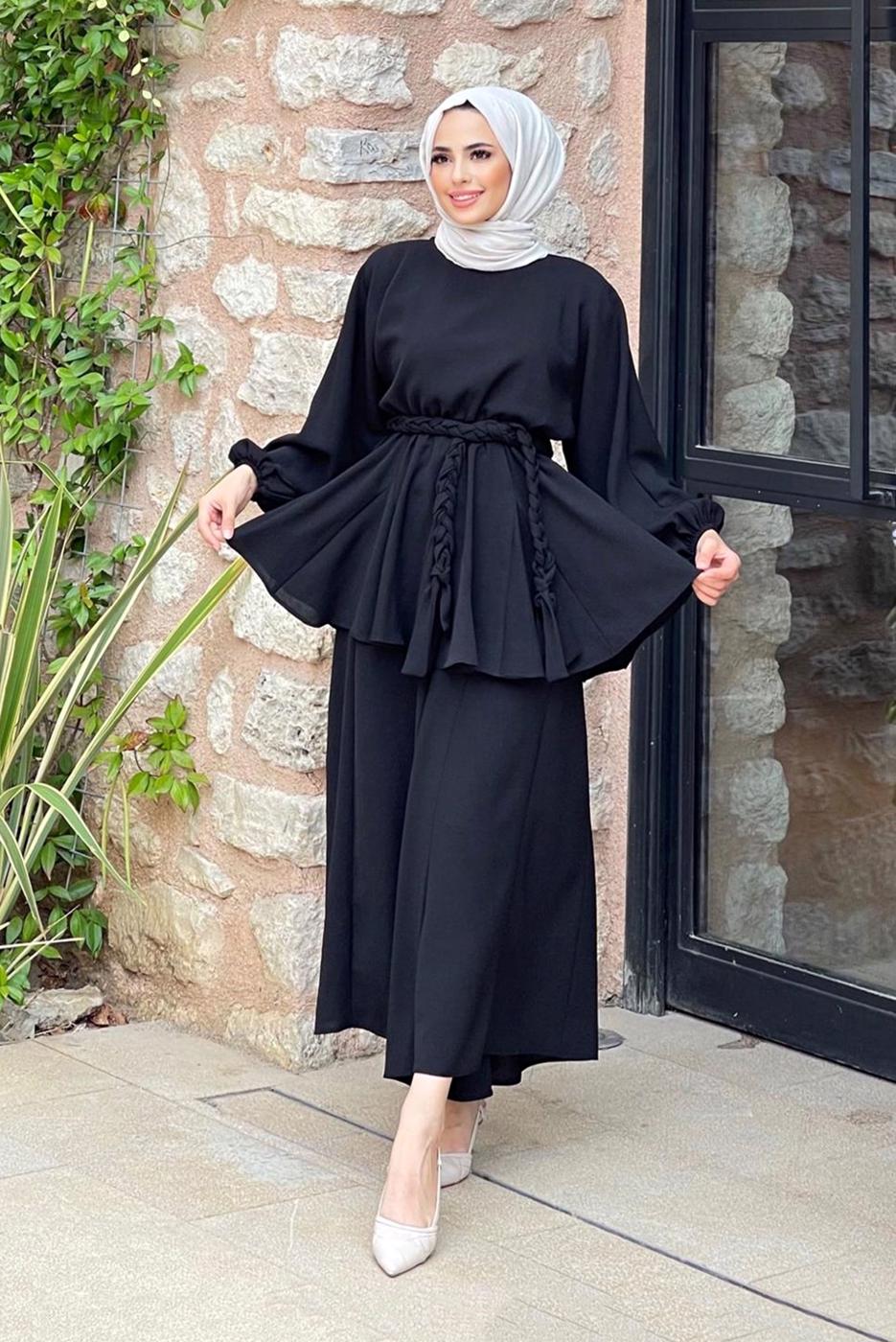 Tesettür giyim SİYAH KUŞAKLI İKİLİ PANT. TAKIM 4020 