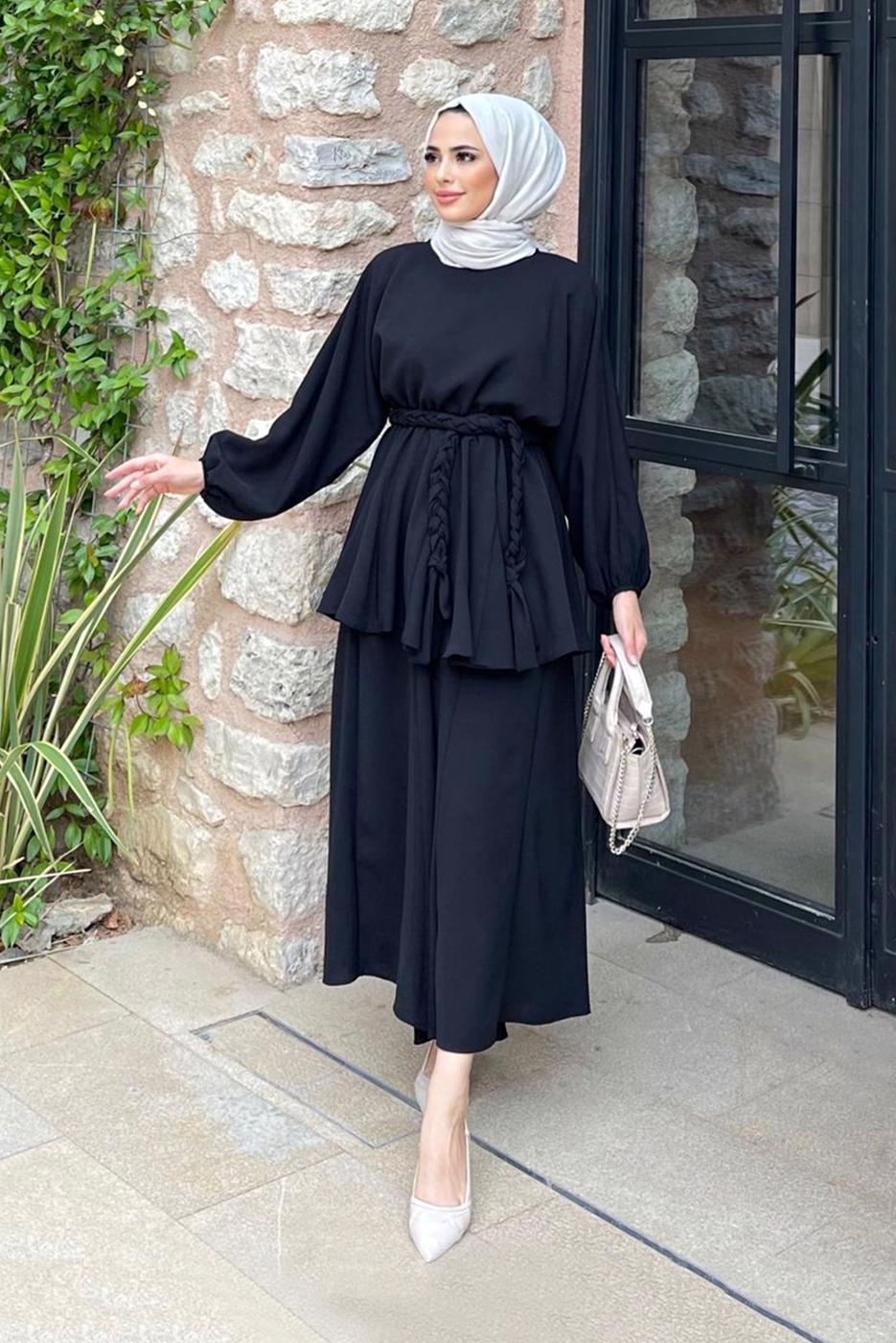 Tesettür giyim SİYAH KUŞAKLI İKİLİ PANT. TAKIM 4020 