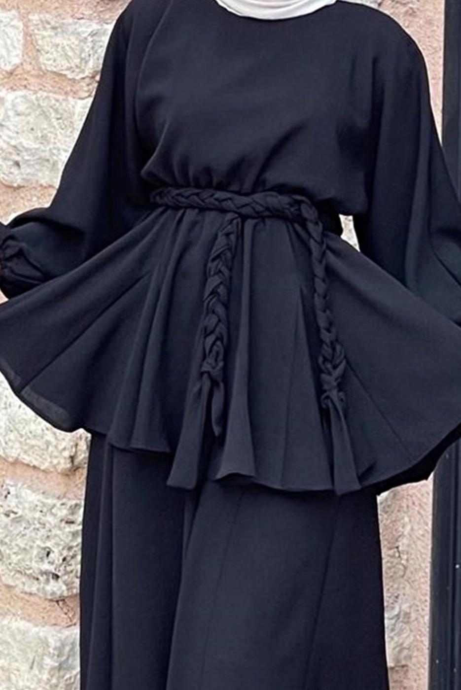 Tesettür giyim SİYAH KUŞAKLI İKİLİ PANT. TAKIM 4020 