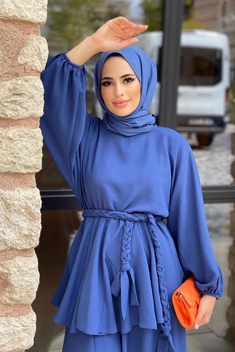 Hijab clothing NAVY BLUE BELTED 2-PIECE SUIT WITH PANTS 4020 