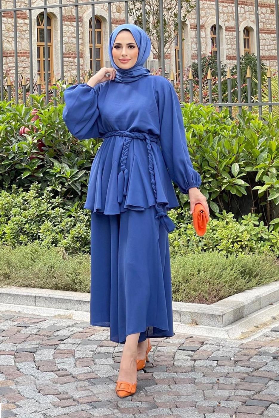 Hijab clothing NAVY BLUE BELTED 2-PIECE SUIT WITH PANTS 4020 