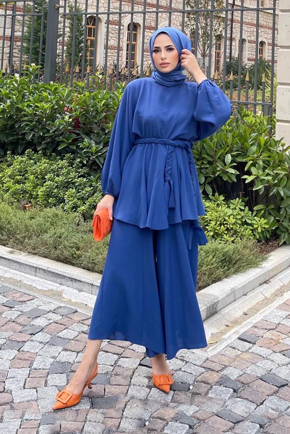 Hijab clothing NAVY BLUE BELTED 2-PIECE SUIT WITH PANTS 4020 
