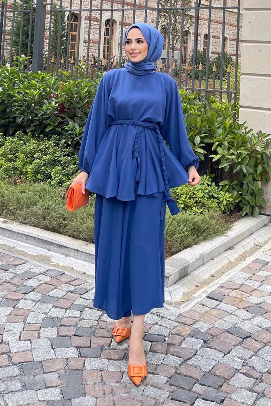 Hijab clothing NAVY BLUE BELTED 2-PIECE SUIT WITH PANTS 4020 