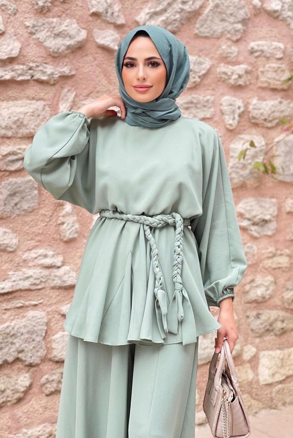 Tesettür giyim YEŞİL KUŞAKLI İKİLİ PANT. TAKIM 4020 