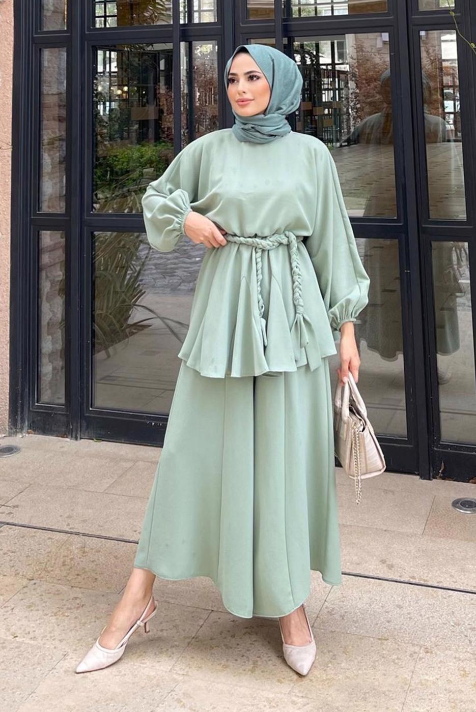 Tesettür giyim YEŞİL KUŞAKLI İKİLİ PANT. TAKIM 4020 