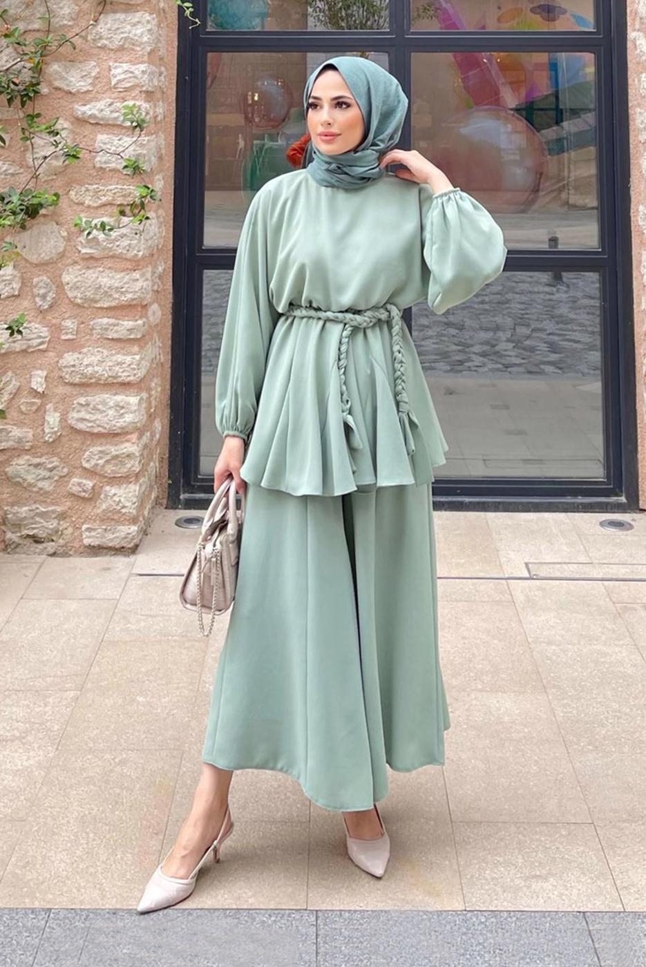 Tesettür giyim YEŞİL KUŞAKLI İKİLİ PANT. TAKIM 4020 