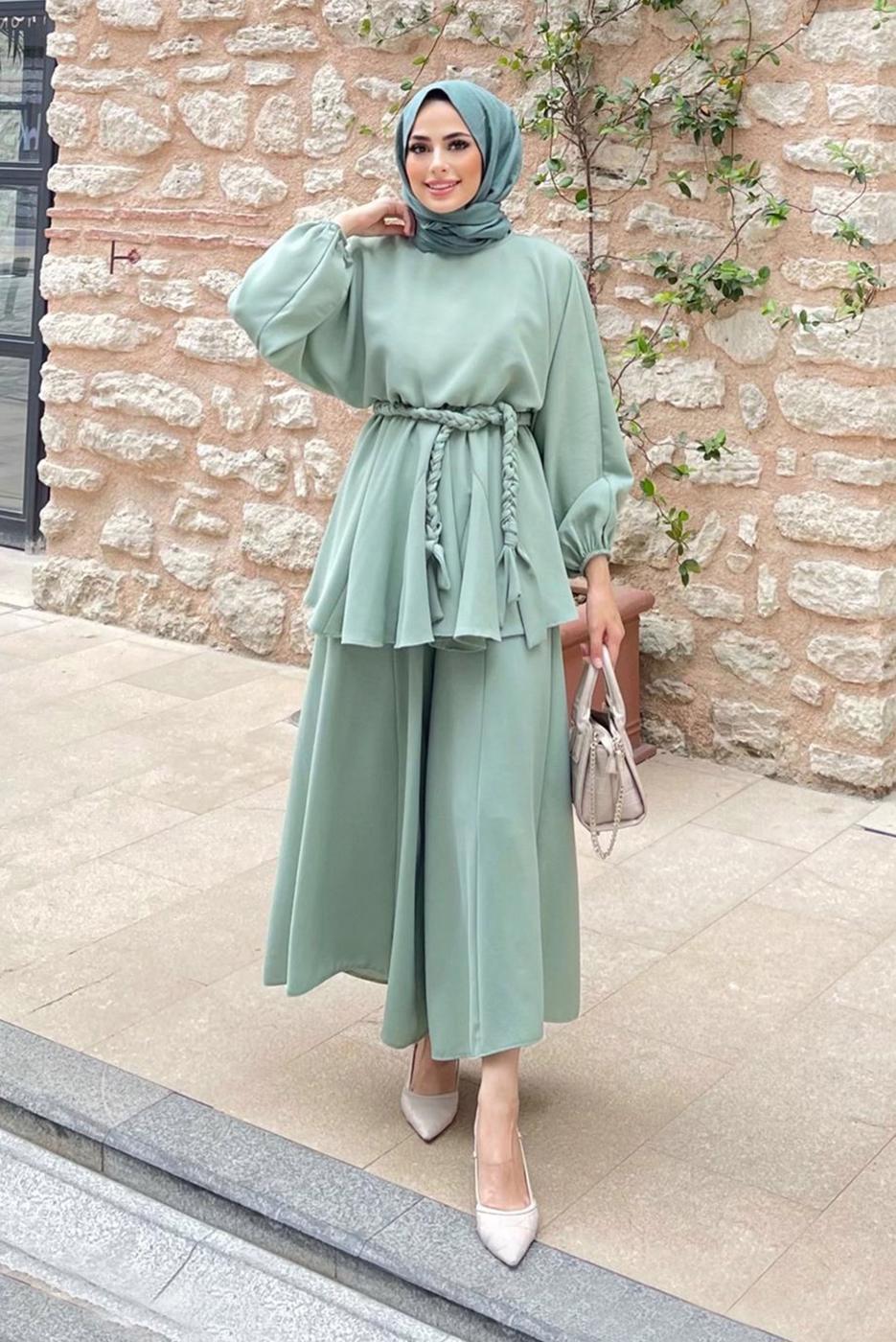 Tesettür giyim YEŞİL KUŞAKLI İKİLİ PANT. TAKIM 4020 