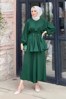 Tesettür giyim YEŞİL KUŞAKLI İKİLİ PANT. TAKIM 4020 