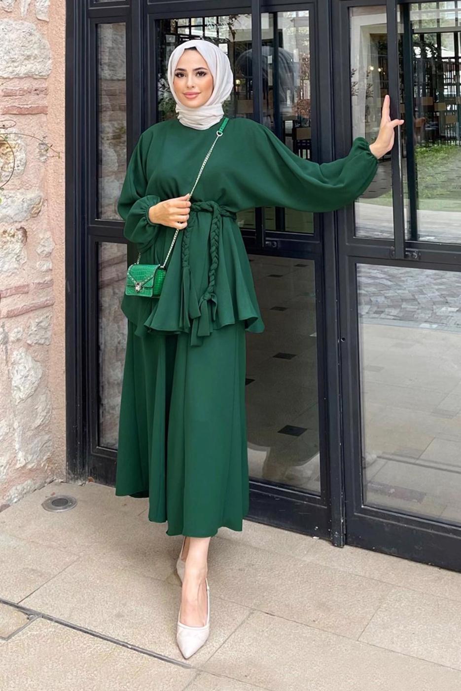 Tesettür giyim YEŞİL KUŞAKLI İKİLİ PANT. TAKIM 4020 