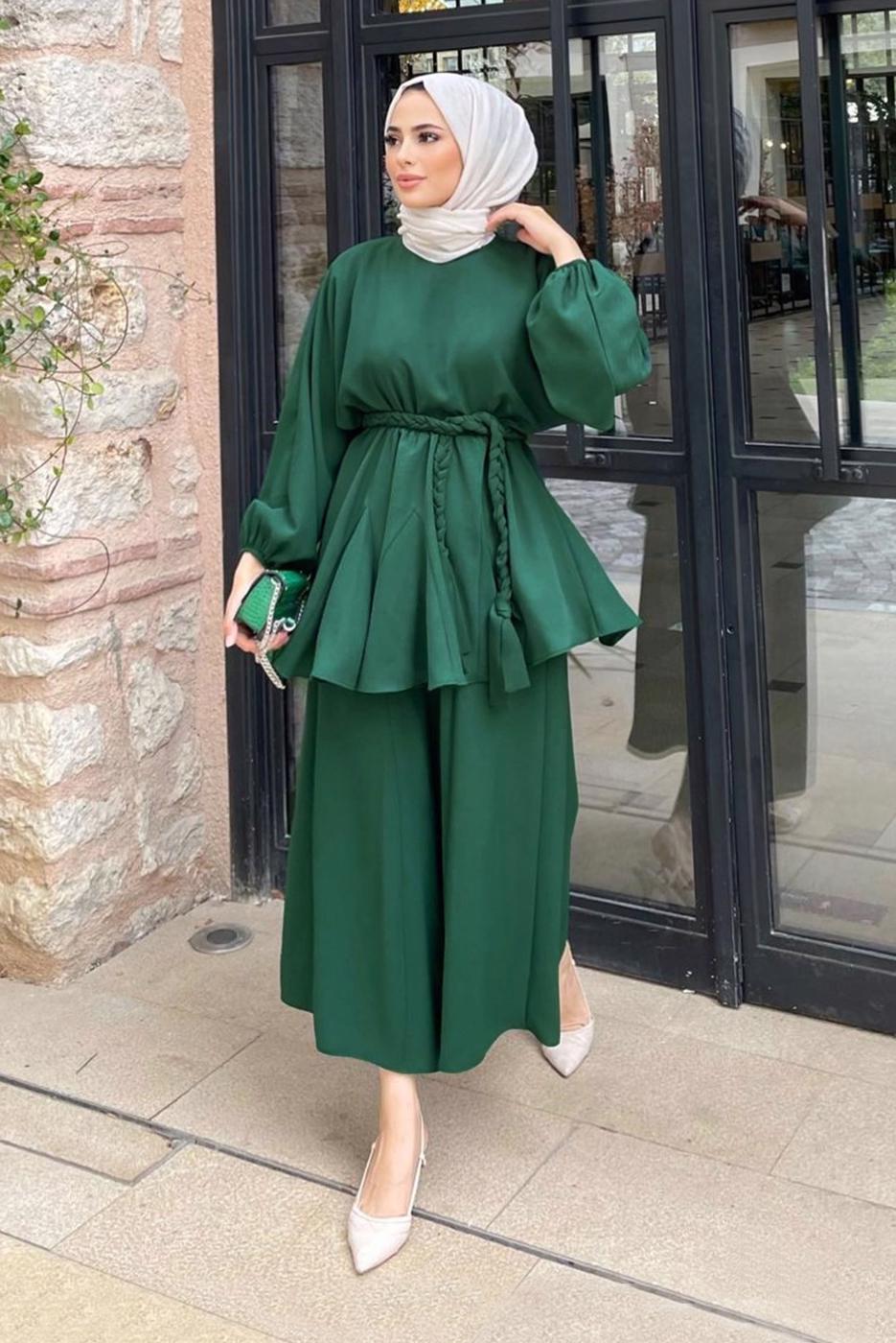 Tesettür giyim YEŞİL KUŞAKLI İKİLİ PANT. TAKIM 4020 