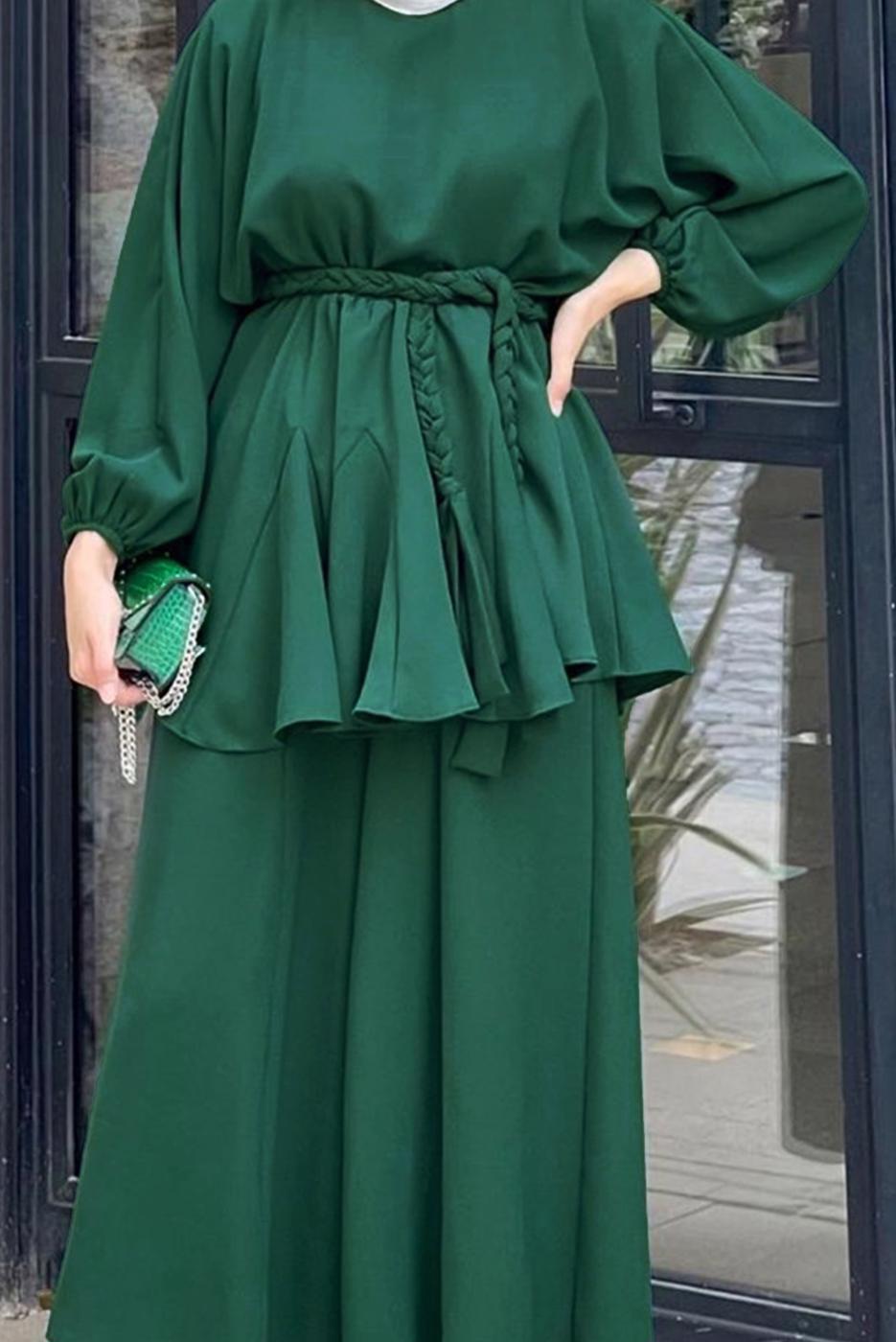 Tesettür giyim YEŞİL KUŞAKLI İKİLİ PANT. TAKIM 4020 