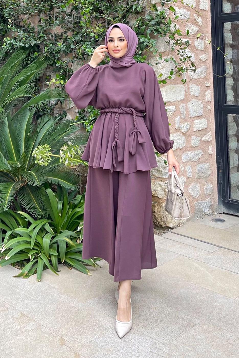 Tesettür giyim PEMBE KUŞAKLI İKİLİ PANT. TAKIM 4020 