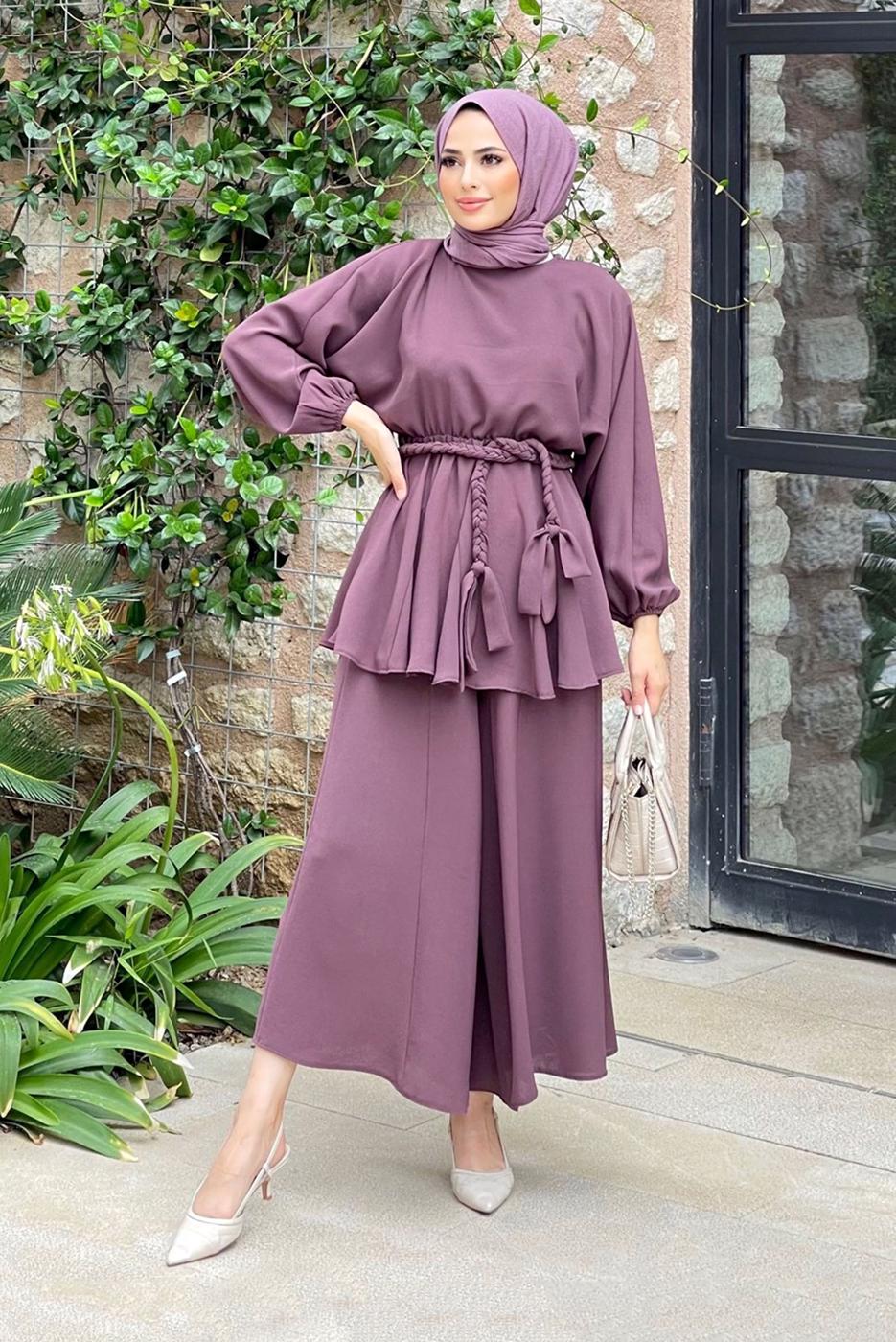 Tesettür giyim PEMBE KUŞAKLI İKİLİ PANT. TAKIM 4020 