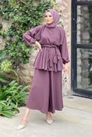 Tesettür giyim PEMBE KUŞAKLI İKİLİ PANT. TAKIM 4020 