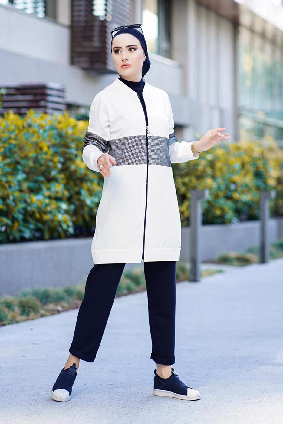 Tesettür giyim BEYAZ FİLE DETAYLI FERMUARLI 2&prime;Lİ PANT. TAKIM 4086 