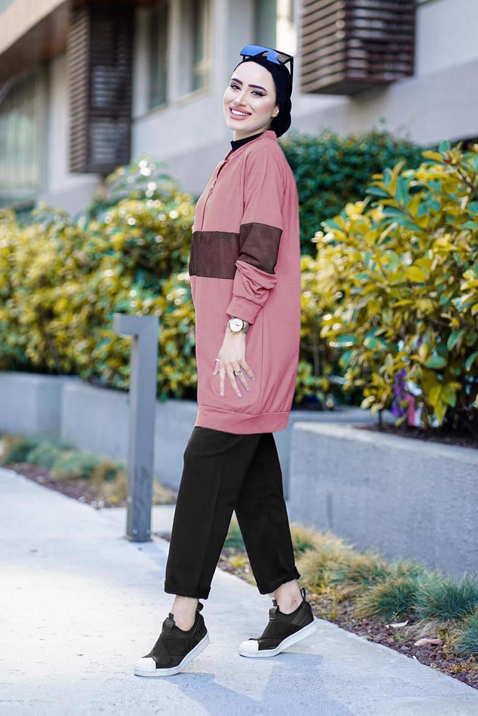 Tesettür giyim PEMBE FİLE DETAYLI FERMUARLI 2&prime;Lİ PANT. TAKIM 4086 